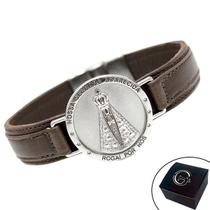 Pulseira de Couro Magnética Marrom Nossa Senhora Aparecida Fundo Prata Religiosa Estilo Relógio