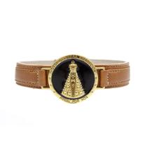 Pulseira de Couro Magnética Masculina Feminina Caramelo Nossa Senhora Aparecida Fundo Preto Religiosa Estilo Relógio