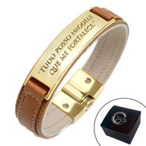 Pulseira de Couro Magnética Masculina Feminina Caramelo Tudo Posso Naquele que me Fortalece Dourada