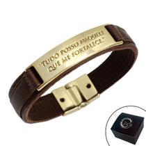 Pulseira de Couro Magnética Masculina Feminina Marrom Tudo Posso Naquele que me Fortalece Dourada