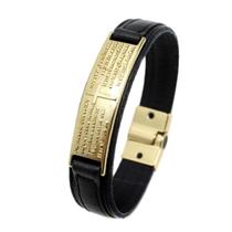 Pulseira de Couro Magnética Masculina Feminina Oração Pai Nosso Dourada Escrita Alto Relevo Preto