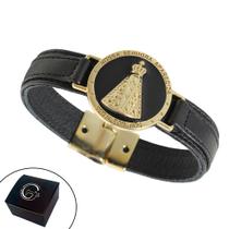 Pulseira de Couro Magnética Masculina Feminina Preta Nossa Senhora Aparecida Fundo Preto Religiosa Estilo Relógio