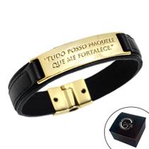 Pulseira de Couro Magnética Masculina Feminina Preta Tudo Posso Naquele que me Fortalece Dourada