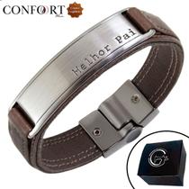 Pulseira de Couro Magnética Masculina Melhor Pai Marrom Paizão