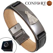 Pulseira de Couro Magnética Nossa Senhora Alto Relevo Preta Pulseira de Couro Magnética Nossa Senhora Alto Relevo Preta