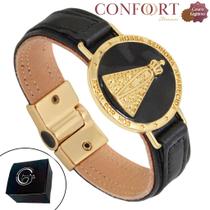 Pulseira de Couro Magnética Premium Nossa Senhora Mãe Ouro Preto Medalha Pulseira de Couro Magnética Premium Nossa Senhora Mãe Ouro Preto Medalha