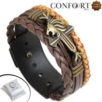 Pulseira de Couro Marrom Ajustável Leão de Judá Proteção Ouro Velho