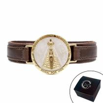 Pulseira de Couro Marrom N. Sra Aparecida Madrepérola