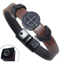 Pulseira de Couro Marrom São Bento com Fecho Magnético