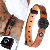 Pulseira de Couro Marrom São Bento com Fecho Strap Plug Ajustável