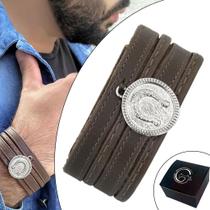Pulseira de Couro Masculina Country Ajustável Pingente Redondo Ferradura Amuleto Marrom