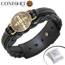 Pulseira de Couro Masculina Country Ajustável São Bento Proteção Fé