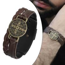 Pulseira de Couro Masculina Country Ajustável São Bento Proteção Marrom