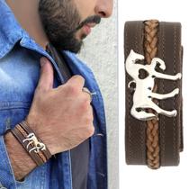 Pulseira de Couro Masculina Country Marrom Ajustável Pingente Cavalo Marchando Niquel