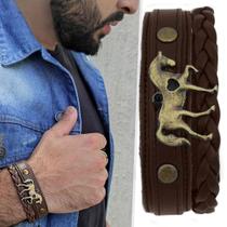 Pulseira de Couro Masculina Country Marrom Ajustável Pingente Cavalo Marchando Ouro Velho
