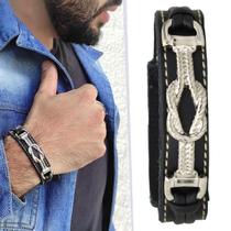 Pulseira de Couro Masculina Country Preta Laço Nó Ajustável