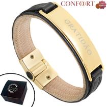 Pulseira de Couro Masculina Feminina Gratidão Magnética Dourada Seja Grato Preto Pulseira de Couro Masculina Feminina Gratidão Magnética Dourada Seja Grato Preto