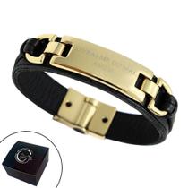 Pulseira de Couro Masculina Feminina Livrai-Me Do Mal, Amém Magnética Dourada Religiosa Proteção Preto