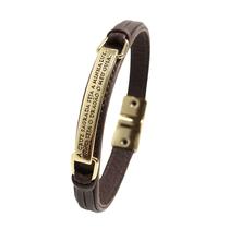 Pulseira de Couro Masculina Feminina Marrom Slim A Cruz Sagrada Seja Minha Luz Magnética Dourada