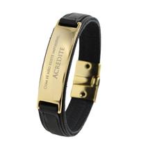 Pulseira de Couro Masculina Feminina Preta Com Fé Não Existe Impossivel,Acredite Magnética Dourada