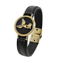 Pulseira de Couro Masculina Feminina Preta São Miguel Arcanjo Magnética Justiça Dourada