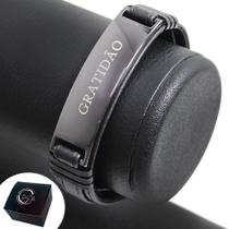 Pulseira de Couro Masculina Gratidão Espelhada Fecho de Encaixe Pulseira de Couro Masculina Gratidão Espelhada Fecho de Encaixe