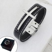 Pulseira de Couro Masculina Magnética Cruz Deus Fé Pulseira de Couro Masculina Magnética Cruz Deus Fé