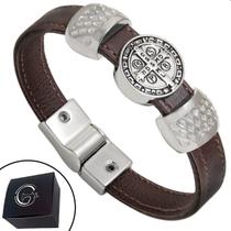 Pulseira de Couro Masculina Slim Magnética Oração de São Bento Marrom