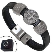 Pulseira de Couro Masculina Slim Magnética Oração de São Bento Preto Pulseira de Couro Masculina Slim Magnética Oração de São Bento Preto