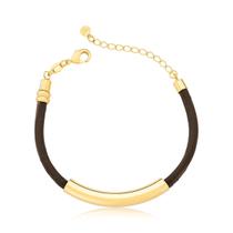 Pulseira de Couro Natural Café com Canutilho Revestimento em Ouro Pulseira de Couro Natural Café com Canutilho Revestimento em Ouro