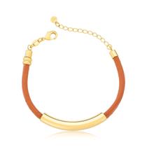 Pulseira de Couro Natural Caramelo com Canutilho Revestimento em Ouro Pulseira de Couro Natural Caramelo com Canutilho Revestimento em Ouro