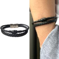 Pulseira De Couro Premium Basic Preta Casual Pingente Cruz