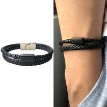 Pulseira De Couro Premium Basic Preta Executiva Casual