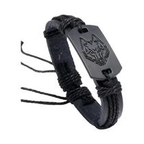 Pulseira De Couro Preta Masculina Com Cabeça De Lobo Estilo Punk Acessório De Moda
