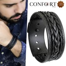 Pulseira de Couro Preta Masculina Grossa Trançada