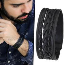 Pulseira de Couro Preta Masculina Grossa Trançada