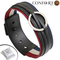 Pulseira de Couro Preto Ajustável Argola Círculo Anel Prateado Esporte