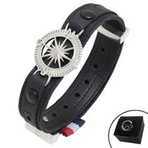 Pulseira de Couro Preto Bússola Rosa dos Ventos com Fecho Strap Plug Ajustável