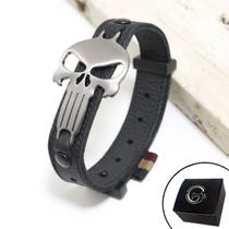 Pulseira de Couro Preto Crânio/Caveira Onix com Fecho STRAP PLUG Ajustável