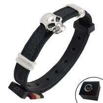 Pulseira de Couro Preto Crânio/Caveira Pequeno com Fecho Strap Plug Ajustável