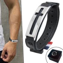 Pulseira de Couro Preto Cruz Vazada com Fecho Strap Plug Ajustável Pulseira de Couro Preto Cruz Vazada com Fecho Strap Plug Ajustável