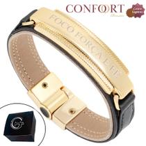 Pulseira de Couro Preto Magnética ímã Feminina Foco Força Fé Dourado