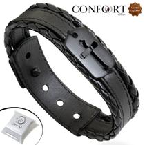 Pulseira de Couro Preto Masculina Trançada Cruz Tag Proteção Ajustável