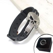 Pulseira de Couro Preto MOTOQUEIRO FANTASMA Onix com Fecho STRAP PLUG Ajustável