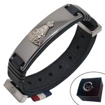 Pulseira de Couro Preto Nossa Senhora Onix/Prata com Fecho STRAP PLUG Ajustável