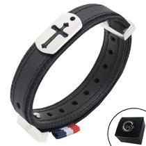 Pulseira de Couro Preto TAG CRUZ com Fecho Strap Plug Ajustável