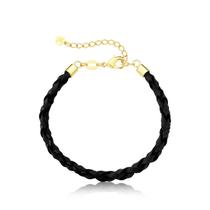 Pulseira de Couro Preto Trançado com Ponteiras Douradas