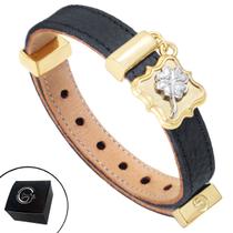 Pulseira de Couro Preto Trevo de Quatro Folhas com Fecho STRAP PLUG Ajustável Pulseira de Couro Preto Trevo de Quatro Folhas com Fecho STRAP PLUG Ajustável