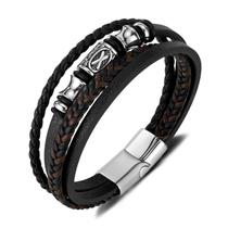 Pulseira de couro PU trançado vintage para homens de aço inoxidável de 21 cm