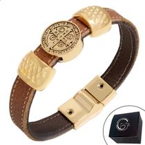 Pulseira de Couro São Bento Magnética Dourada Feminina A Cruz Sagrada Seja Minha Luz Proteção Caramelo Pulseira de Couro São Bento Magnética Dourada Feminina A Cruz Sagrada Seja Minha Luz Proteção Caramelo